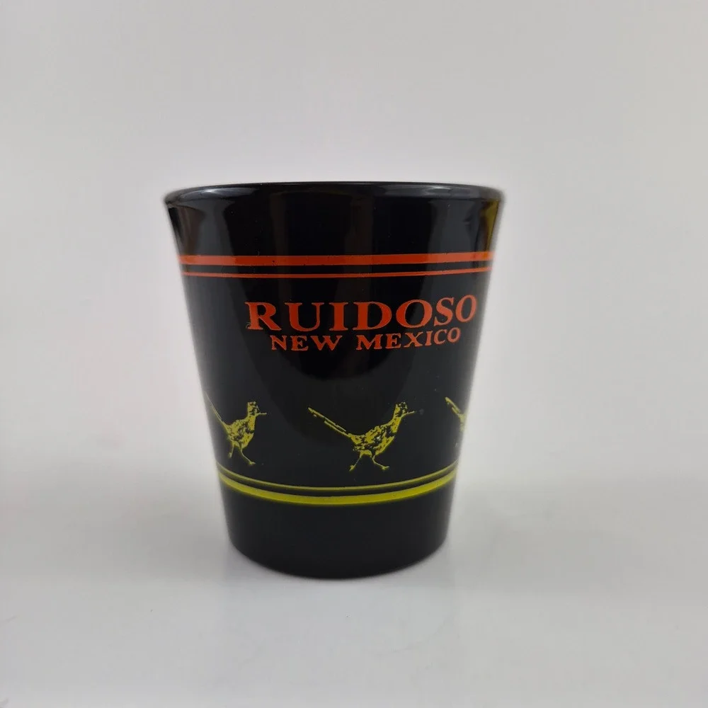 Ruidoso New Mexico Souvenir Shot Glass Black Roadrunner Graphic Vintage Style